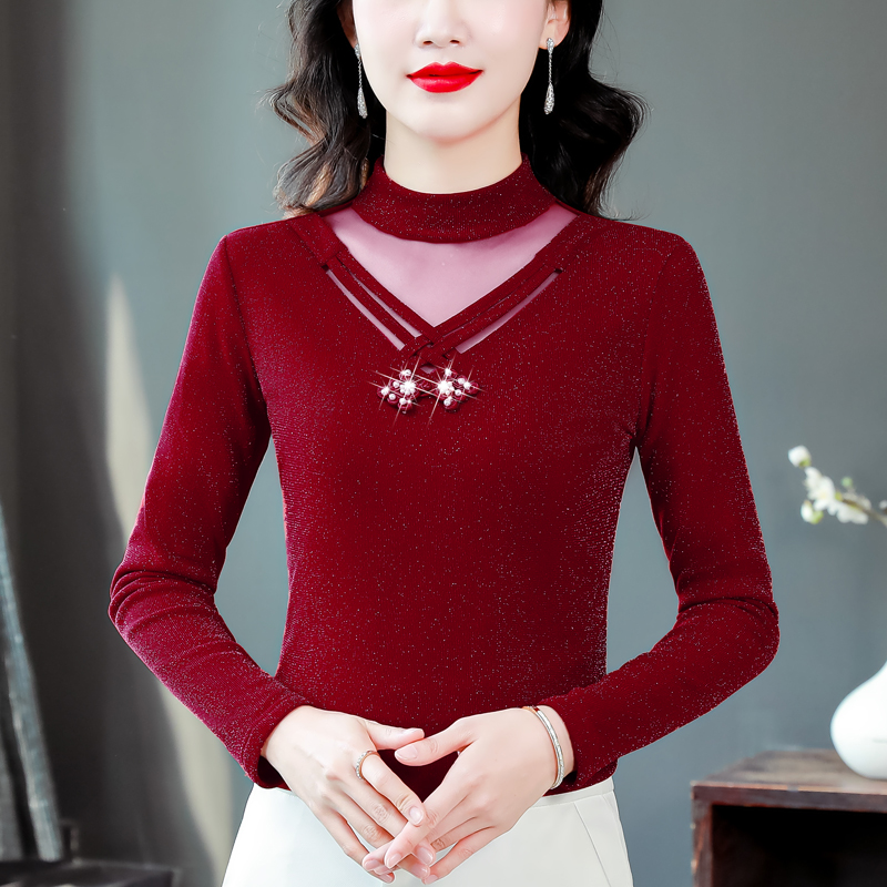 洋气新款网纱打底衫女秋冬长袖半高领蕾丝内搭显瘦打底衫女内搭