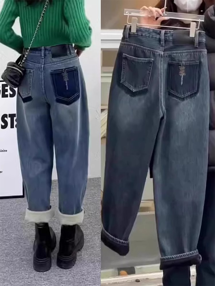 梨形身材裤子老爹牛仔裤女冬季加绒大码胖mm高腰显瘦萝卜哈伦裤子