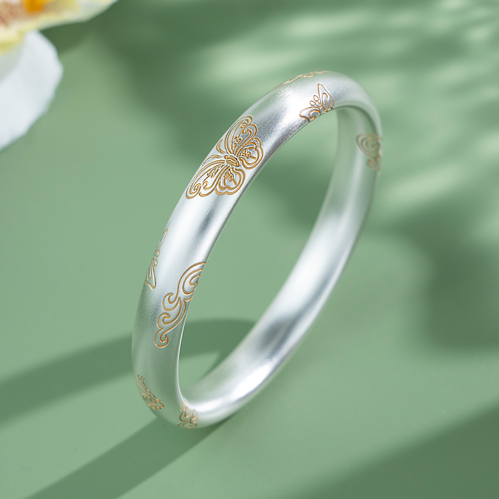 心草 足银手镯 9999银描金蝴蝶手镯厚壁半空闭口国风镯子送女礼物