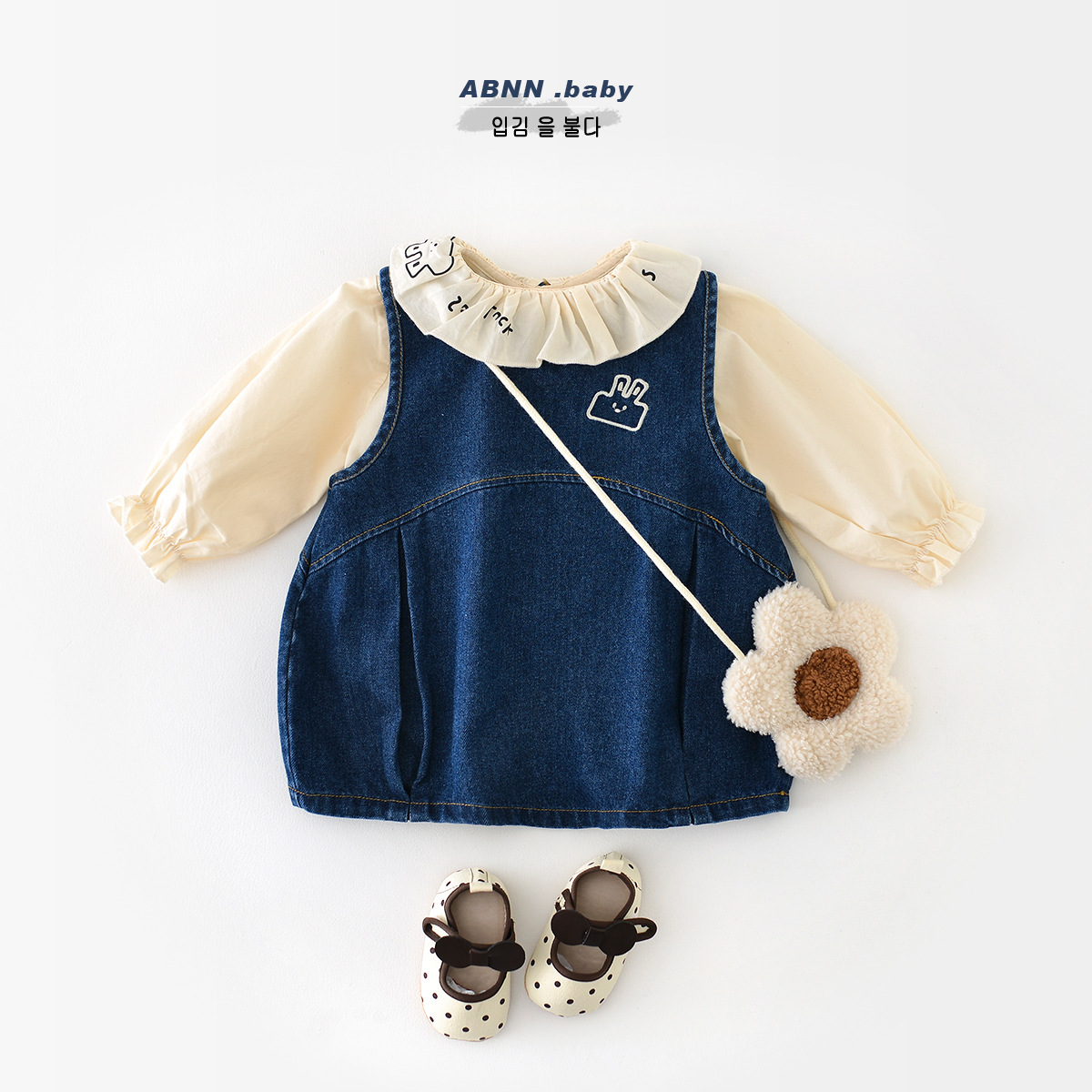 abnn婴幼儿春装新款套装女童水洗牛仔韩版连衣裙宝宝翻领刺绣外出