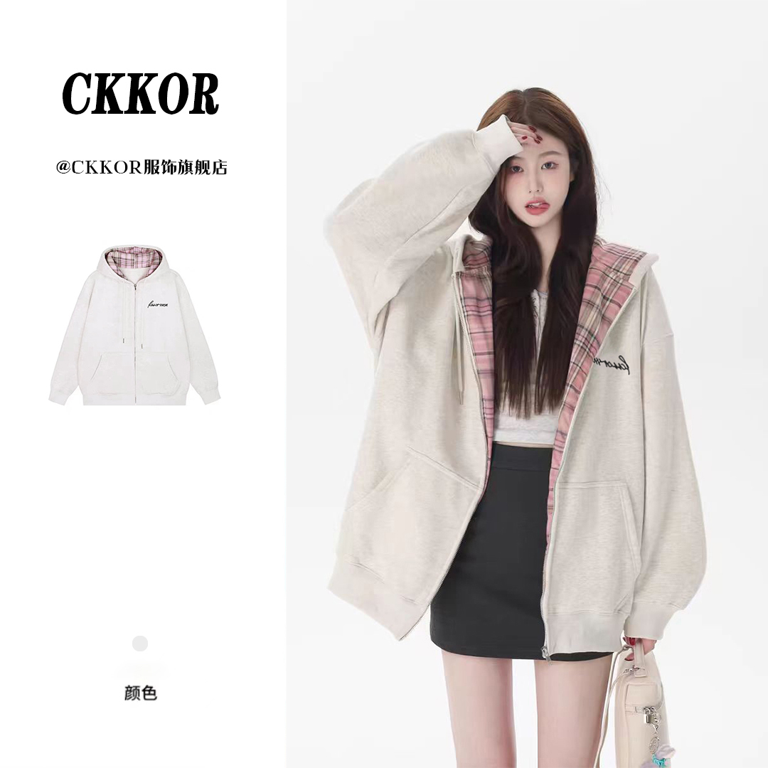 CKKOR秋冬男女同款格子开衫卫衣新款潮流时尚百搭宽松显瘦短外套