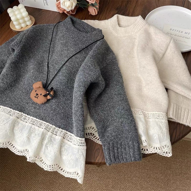 女童毛衣韩版加厚中长款针织衫中小童蕾丝花边拼接上衣时尚简约