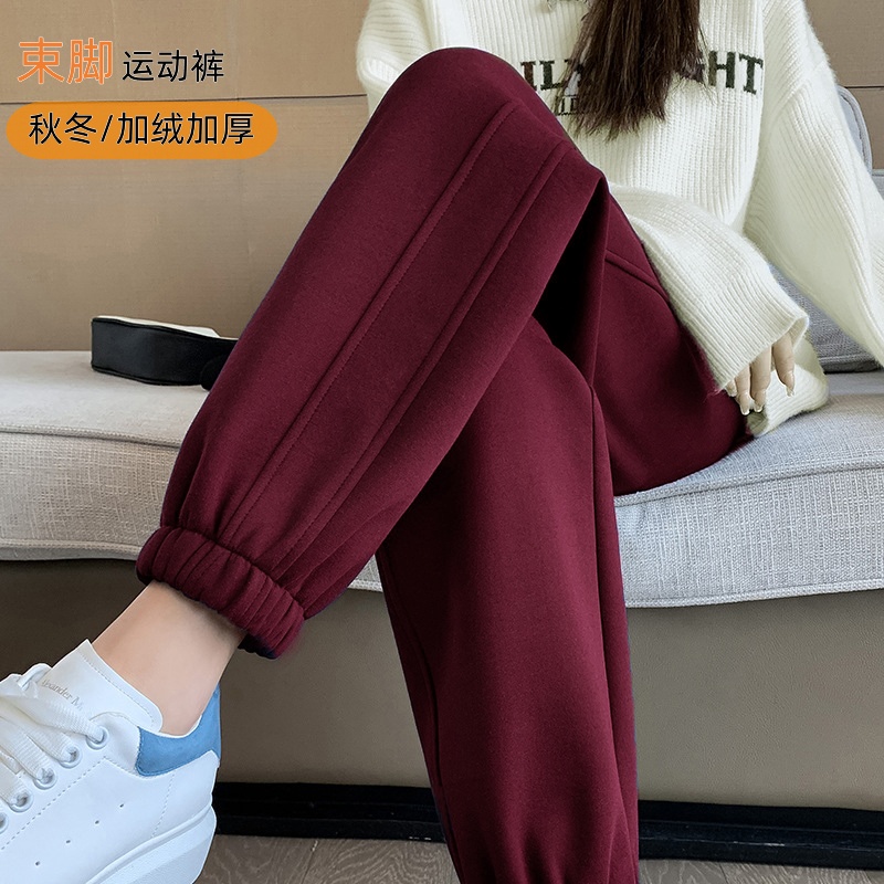 安克拉红运动裤女加绒卫裤加厚宽松束脚大码裤子女款爆款2025新款