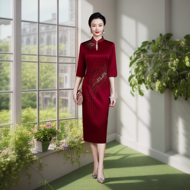 妈妈装婚礼醋酸红色旗袍礼服春秋宴会喜夏装婚宴高贵连衣裙