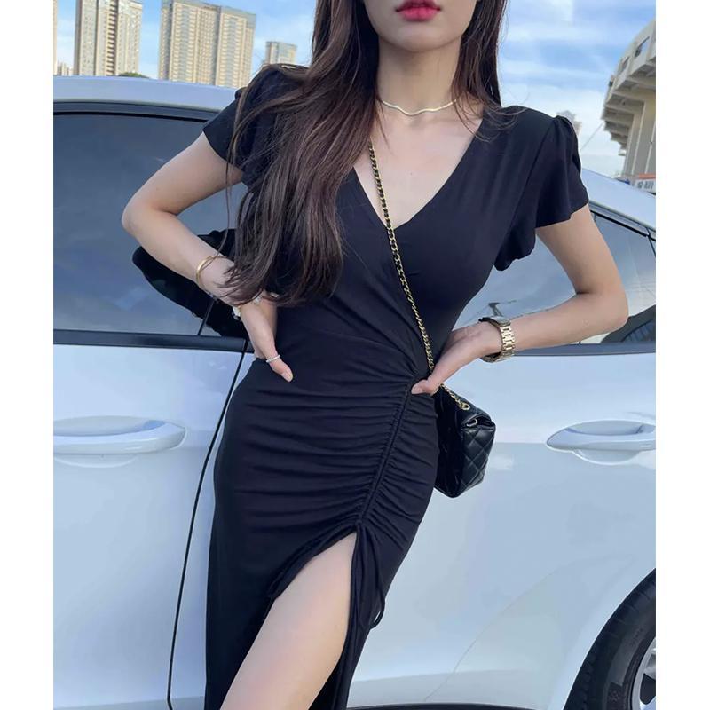 抽绳连衣裙女2025夏装包臀新款气质纯欲风开叉收腰底T恤长裙子