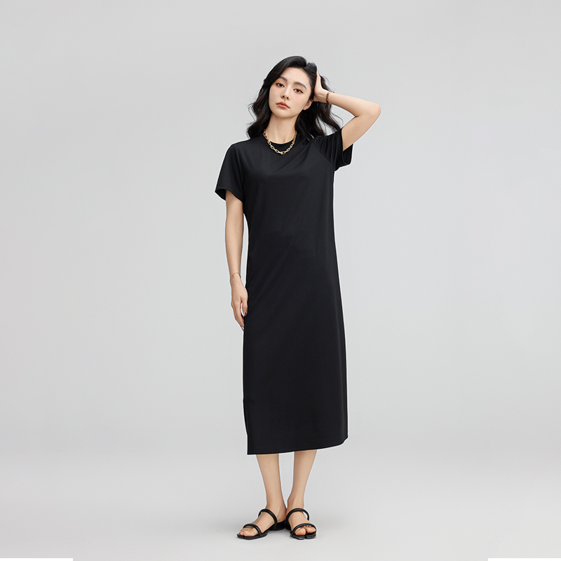 YOSILNNA/悦诗娜巴黎夜曲飒柔简约夏季t恤裙宽松显瘦黑色连衣裙