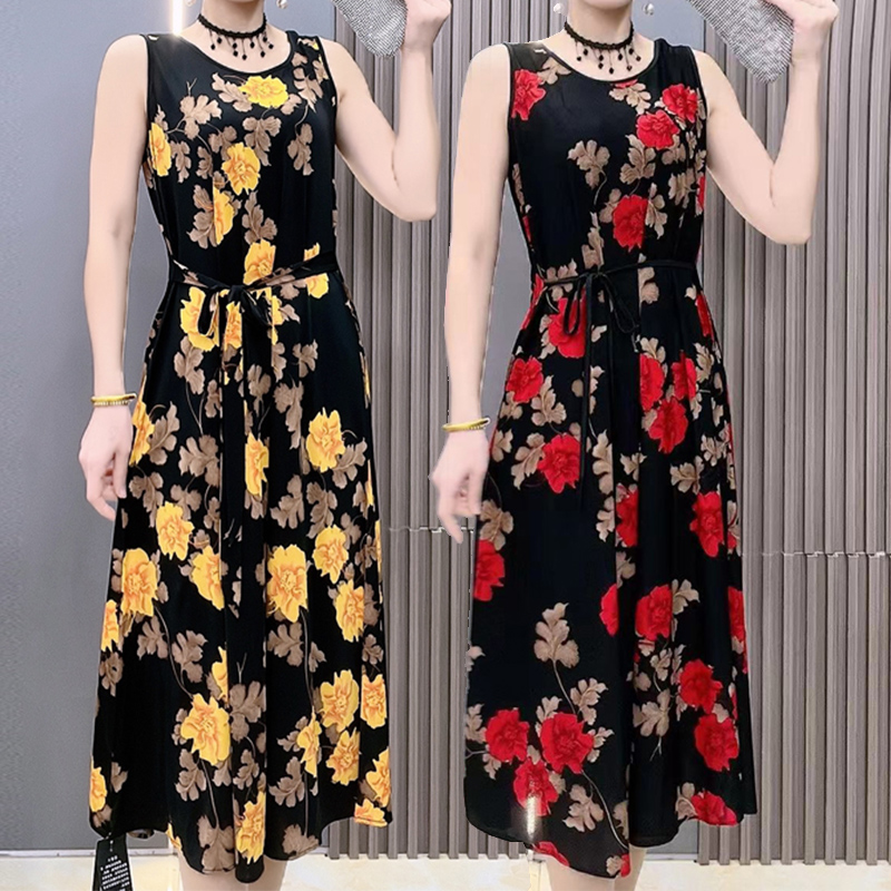 妈妈连衣裙无袖背心裙夏季2024新款中老年打底裙夏装大码显瘦长裙