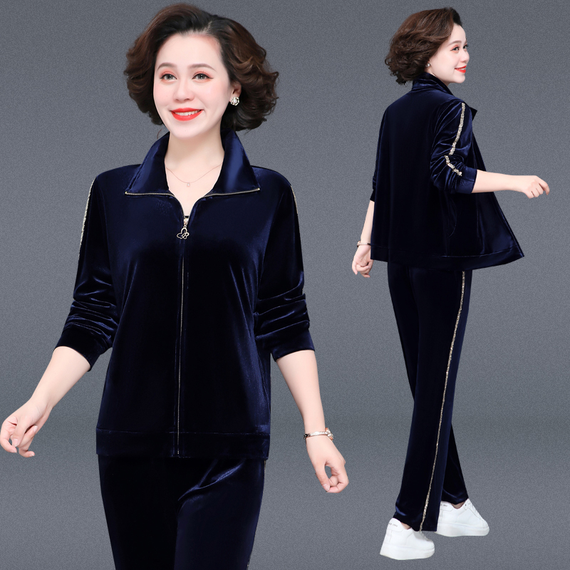 中年妈妈春装外套洋气上衣中老年人金丝绒运动服套装女春秋两件套
