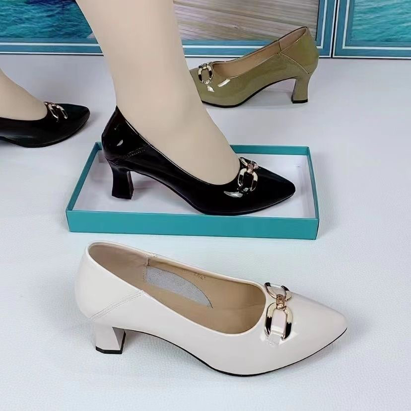 2024春秋时尚洋气低帮单鞋方跟尖圆头全皮亮面软底百搭女士工作鞋