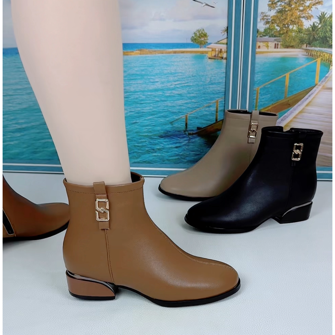 新款简约时尚低跟2公分百搭圆头舒适短靴秋冬防滑底妈妈鞋7527