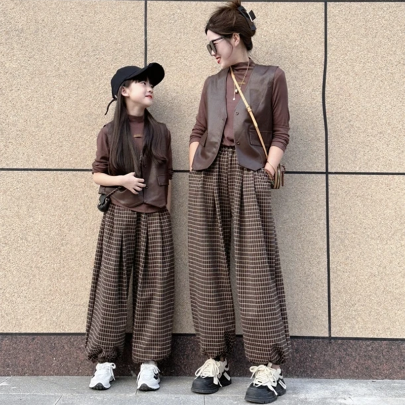 亲子装三件套春秋宽松休闲套装母女同款套装马甲+打底衫+裤子套装