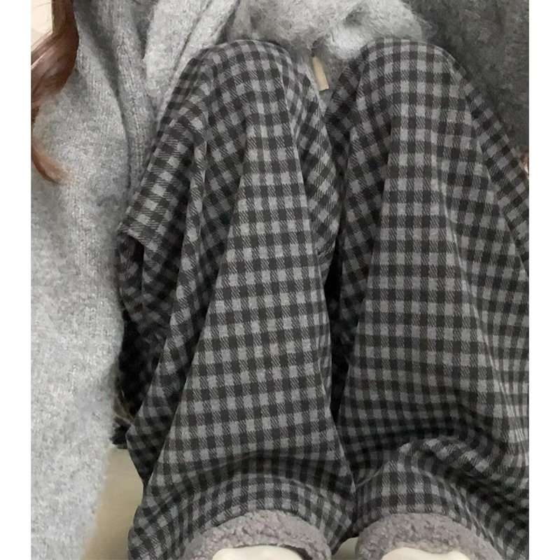 黑灰色加绒格子裤子女秋冬2025新款直筒高腰小个子休闲显瘦阔腿裤