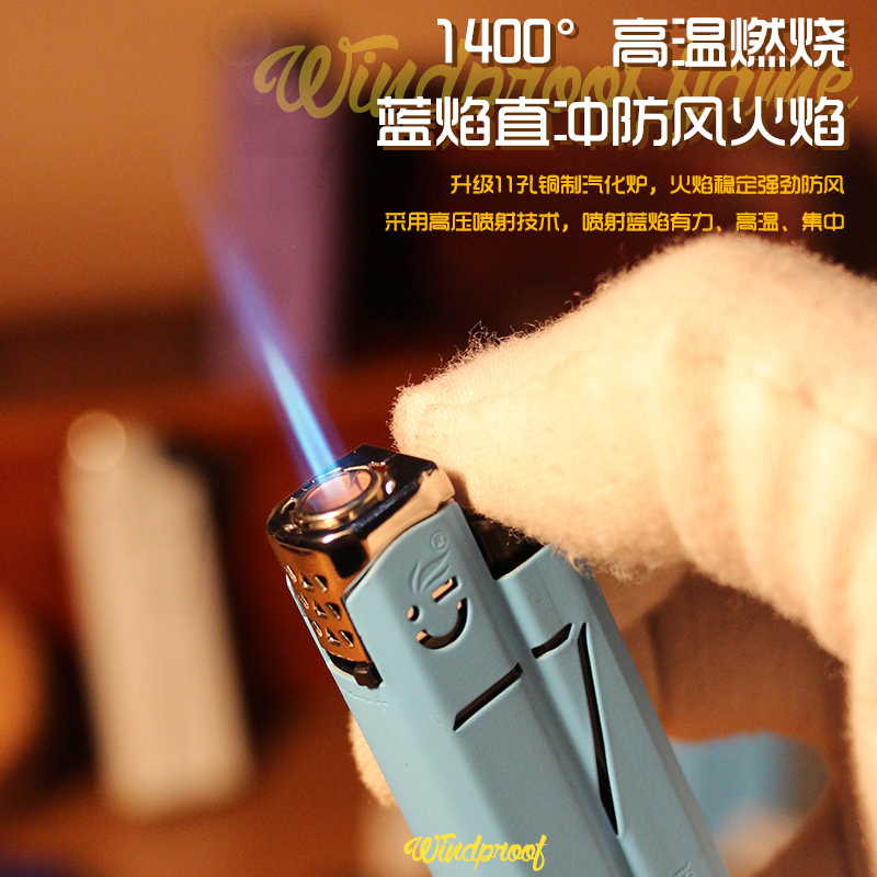 新款送男友蓝焰打火机个性创意金属套壳直冲防风高档广告定制火机