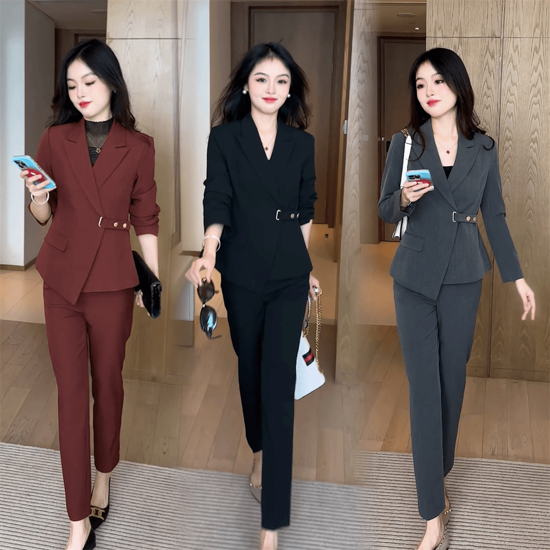 时尚小西装套装女2024秋新款洋气减龄设计感长袖外套直筒裤两件套