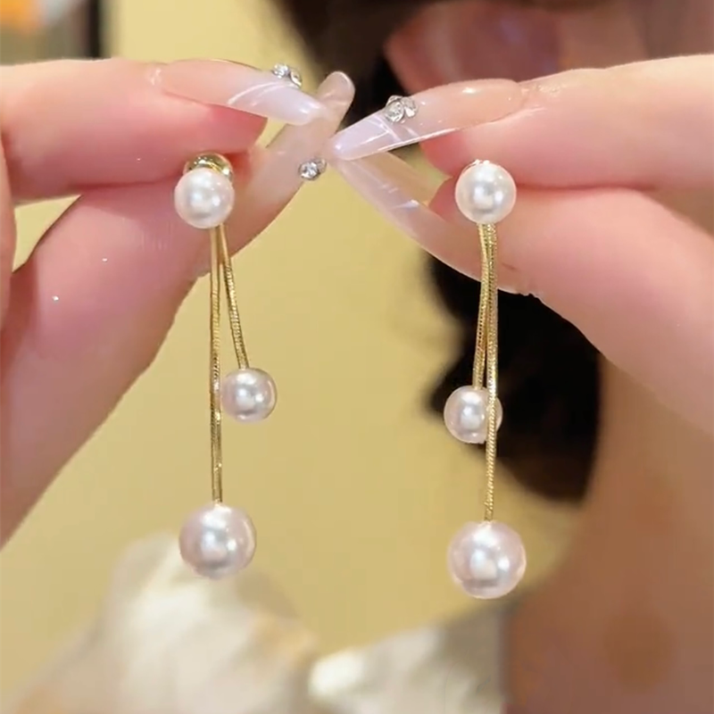 铜合金仿珍珠耳饰 一款两戴长款流苏耳钉女气质高端法式风耳环