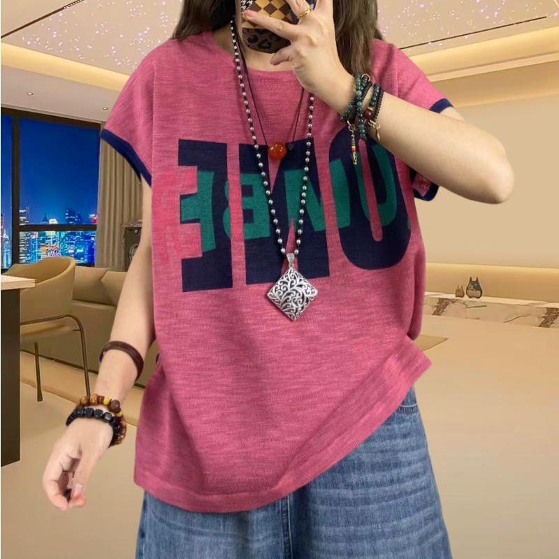 夏季蝙蝠袖印花字母T恤女2025休闲大码宽松休闲圆领薄款短袖上衣