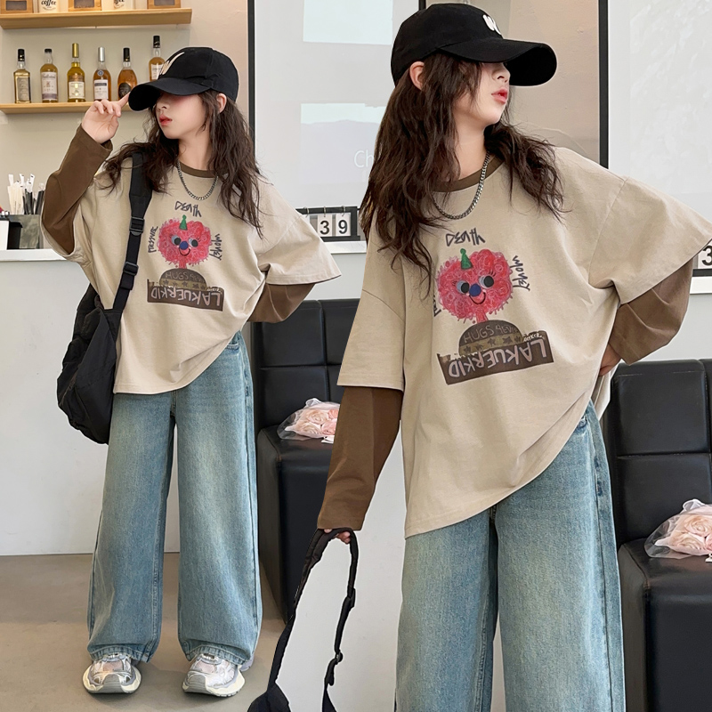 女童假两件长袖T恤9-15岁8春装新款初中生韩范上衣大童女孩打底衫