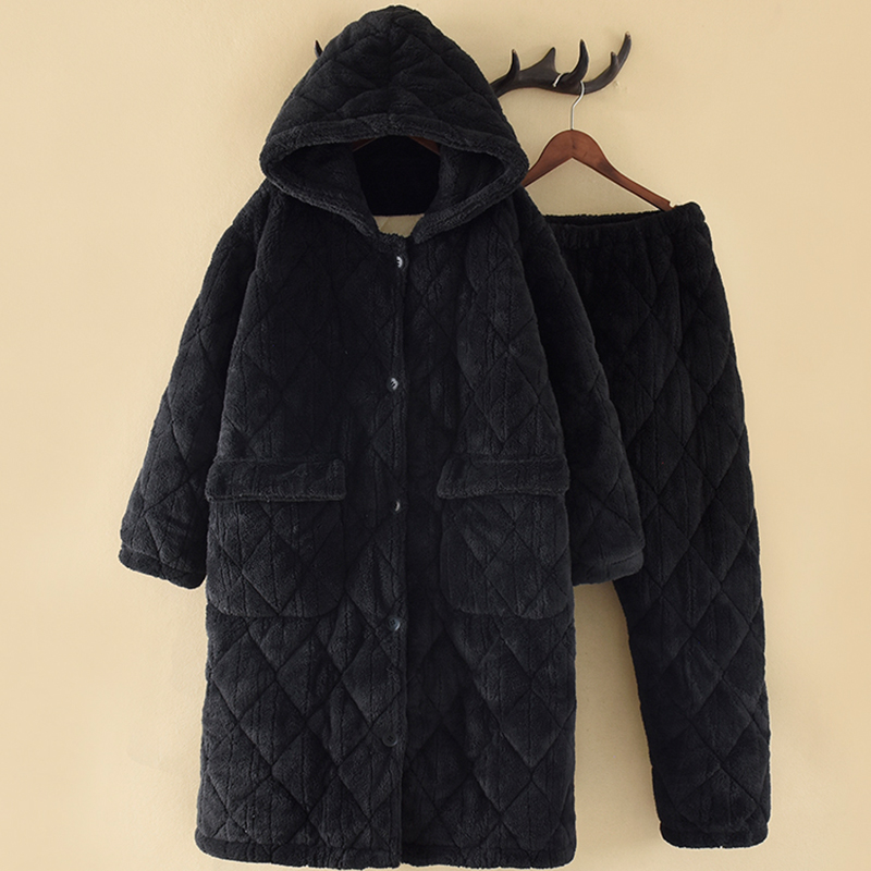 情侣睡袍女冬季三层加厚睡衣珊瑚绒夹棉中长款大码男士家居服套装