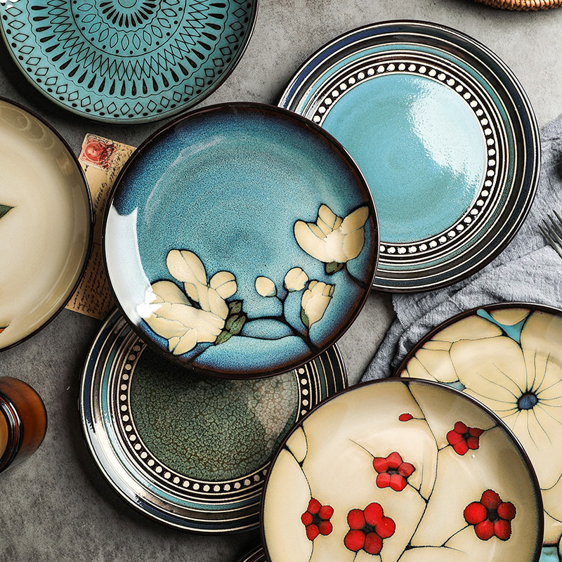 舍里窑变釉8寸平盘家用陶瓷盘子复古创意手绘网红菜盘子釉下彩