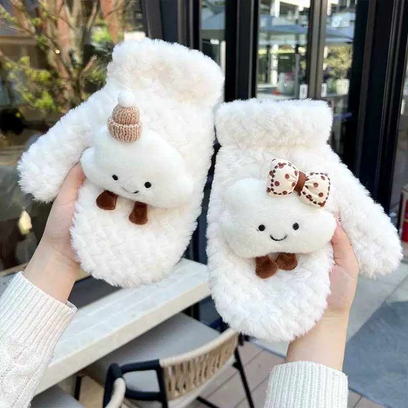 手套女冬天可爱少女学生萌云朵全包连指手套毛绒加绒防寒防冻保暖