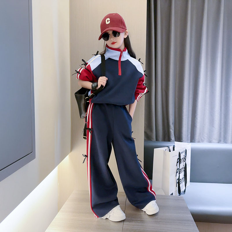 女童春季撞色运动套装2025新款儿童洋气蝴蝶结拉条休闲卫衣两件套