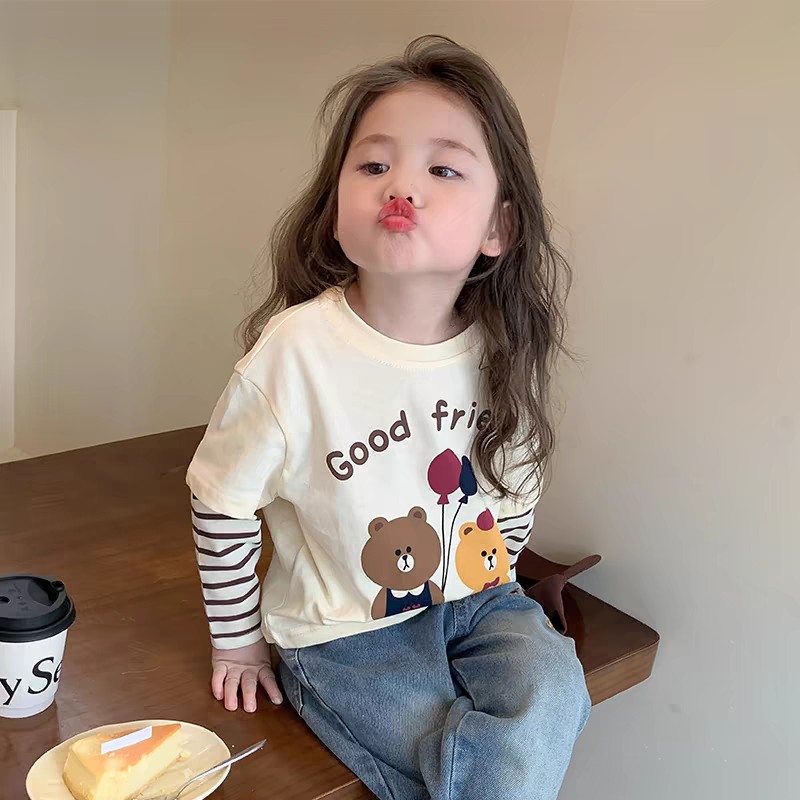 女童纯棉t恤春秋2025新款儿童洋气秋季长袖上衣宝宝假两件打底衫