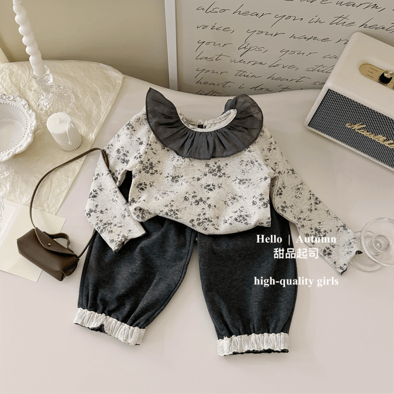 [春秋/冬款]女童套装韩国童装花边荷叶法式碎花上衣卫裤两件套