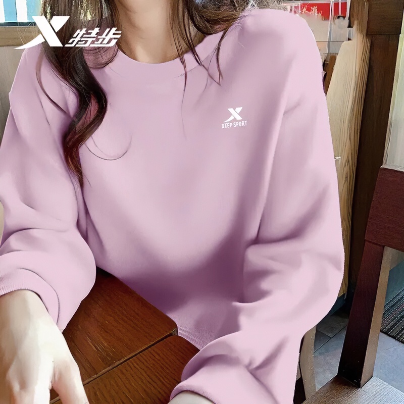 特步卫衣女2025冬季大码宽松正品休闲运动上衣棉质圆领针织套头衫
