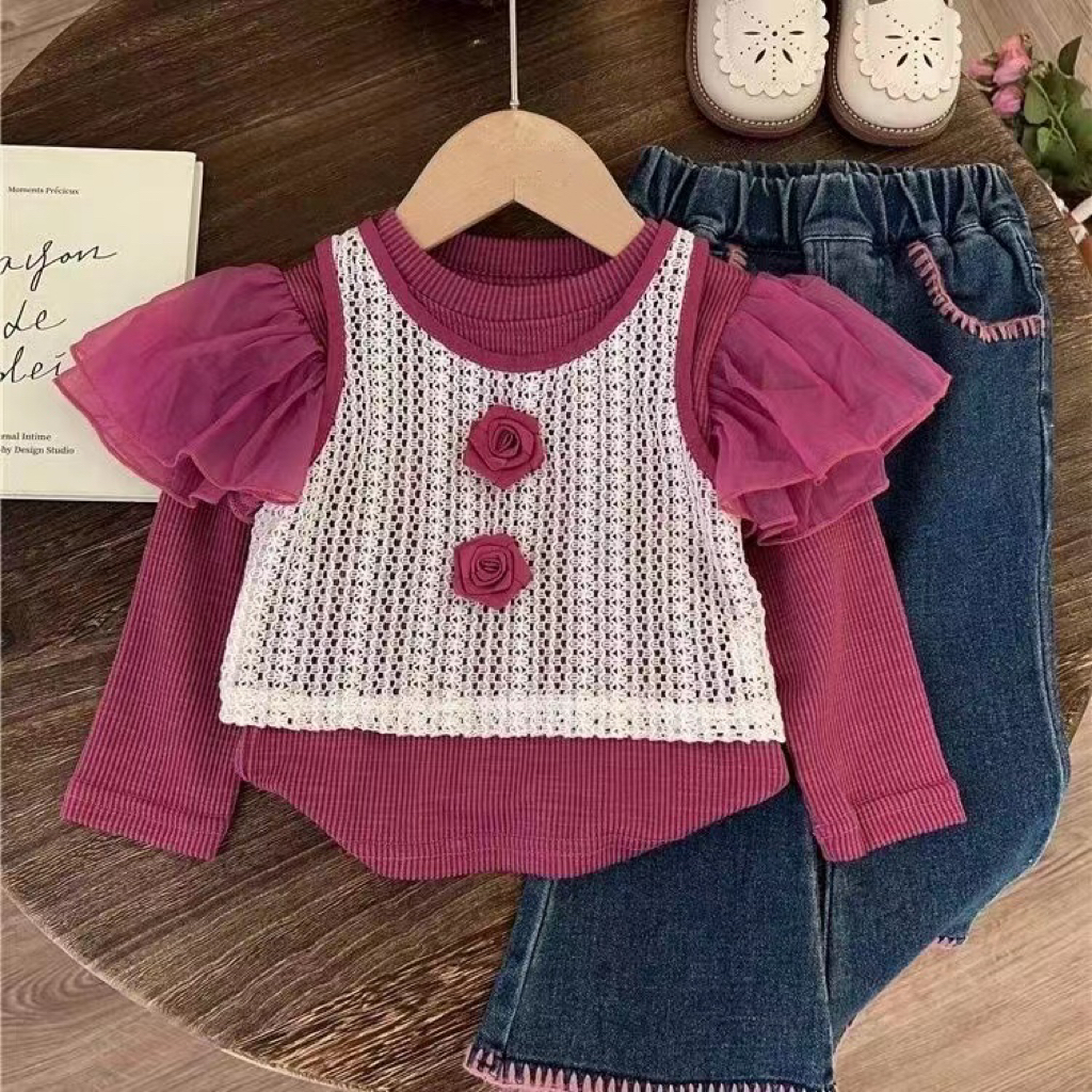 2025新女童秋季套装款女宝宝洋气马甲打底衫儿童春秋牛仔裤三件套