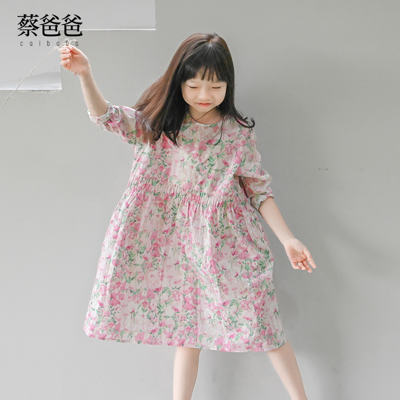 蔡爸爸童装文艺2025春装全棉碎花长袖连衣裙女童粉红花裙子1239