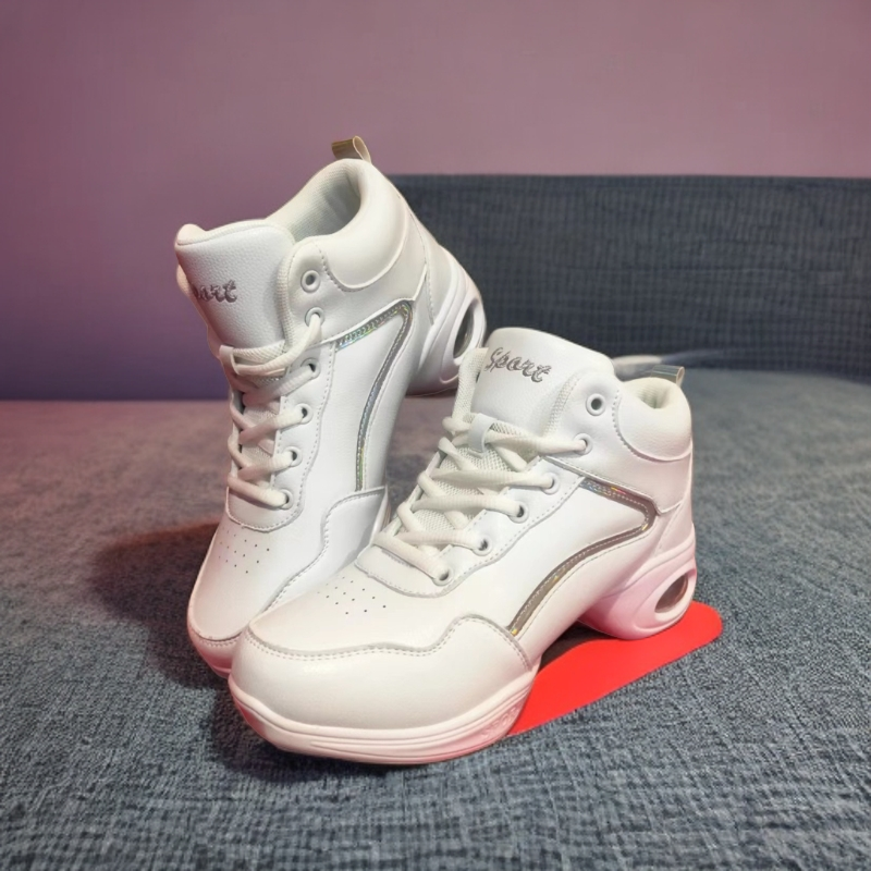 白色健身操百搭女士高帮皮面增高气垫舒适软底厚底系带休闲时尚/Q