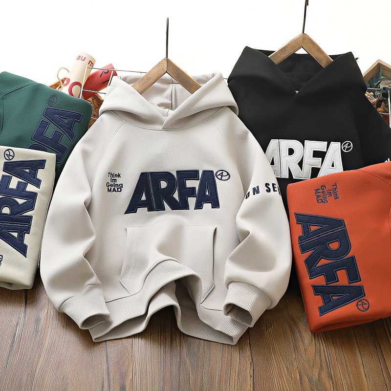 男童春季连帽卫衣2025新款儿童贴布字母纯色潮上衣中大童宽松帽衫