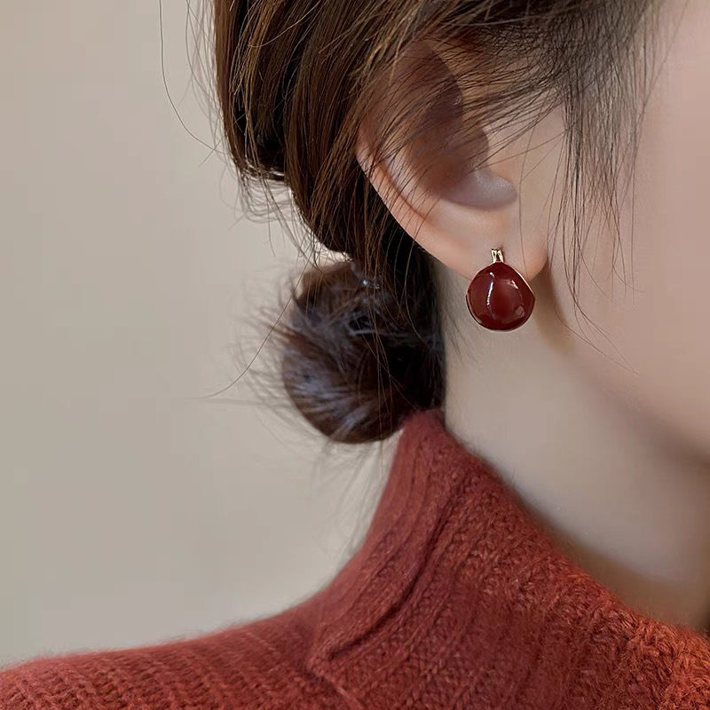 铜合金耳饰 法式复古滴釉秋冬红色小众设计感高级气质过年耳饰#46