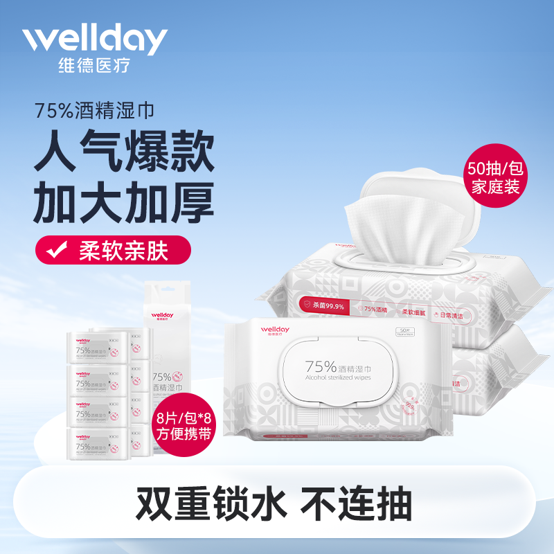 WELLDAY/维德医疗迷你便携75度酒精湿巾棉片湿纸巾随身装柔软亲肤