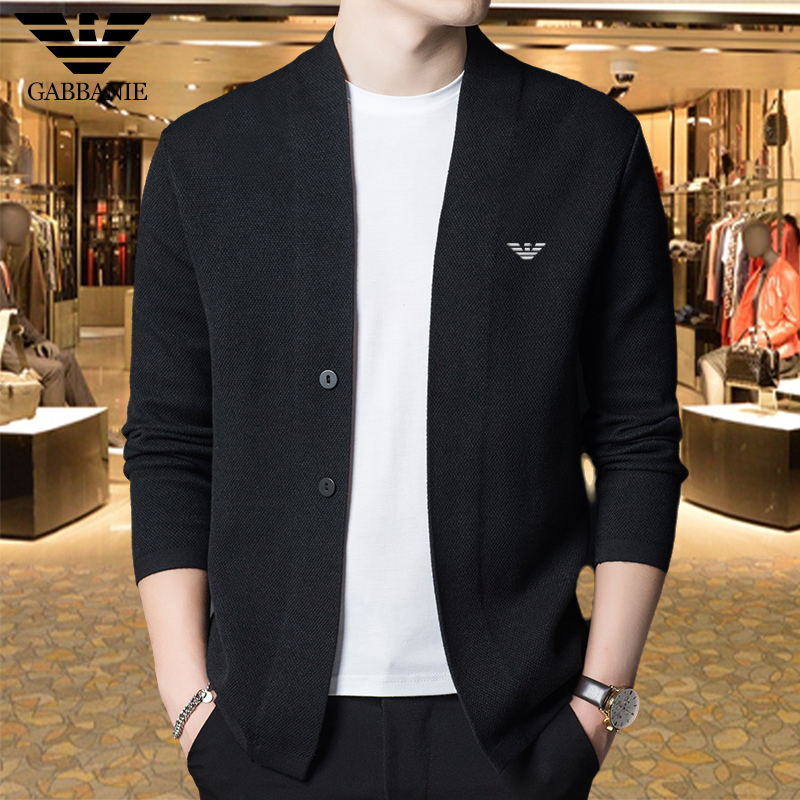 专柜高品质秋季新款棉羊毛针织开衫外套男士高端纯色V领毛衣外穿