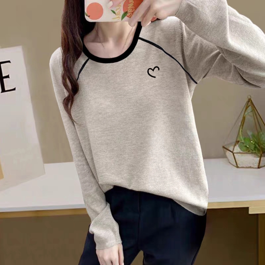 2024新款95%棉长袖T恤女秋季薄款宽松慵懒风时尚设计感撞色上衣女