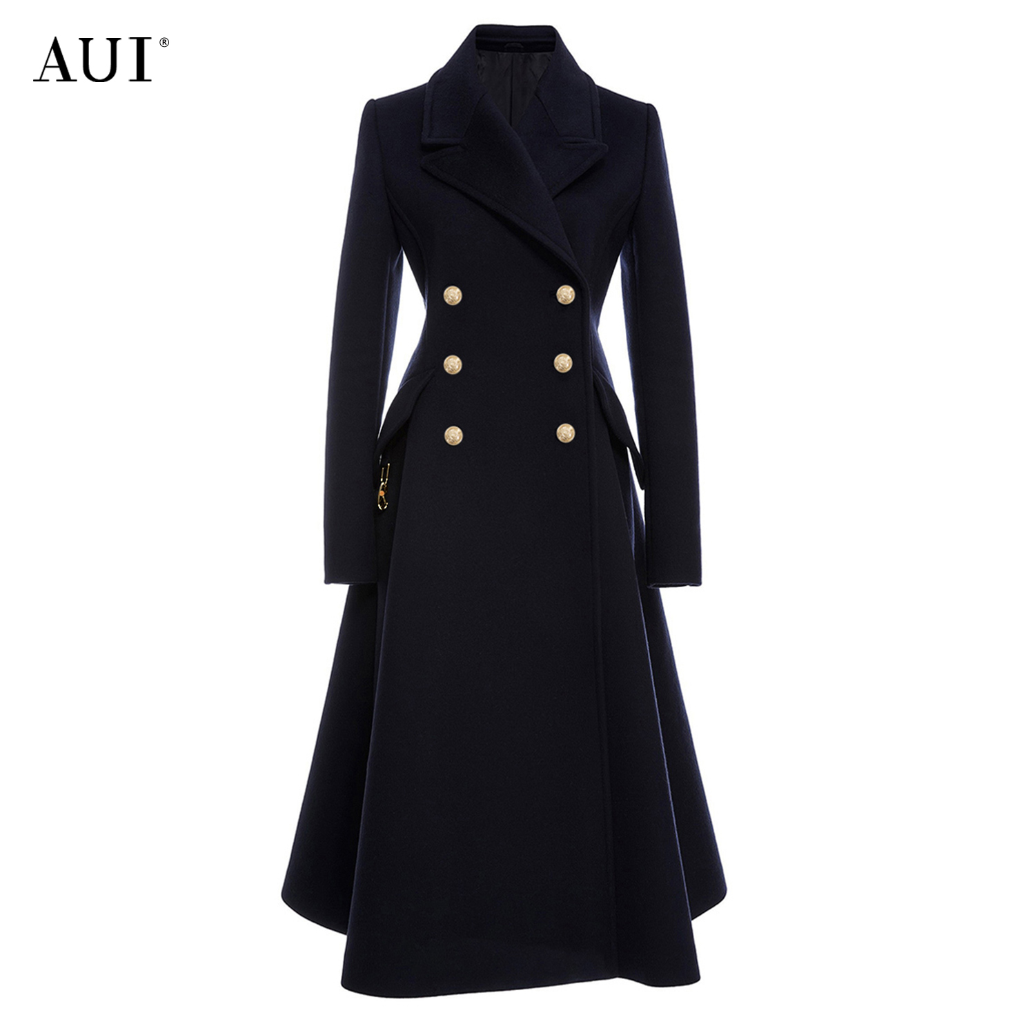 aui黑色赫本风大衣中长款毛呢外套女秋冬西装羊毛大衣22K091533