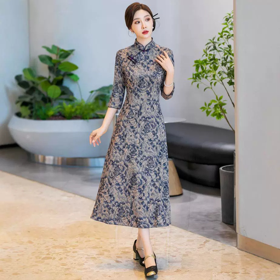 C268秋冬2025新款中式旗袍七分袖复古改良中国风妈妈装连衣裙长款