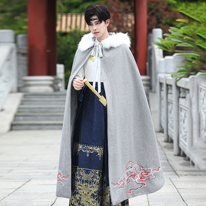 加绒加厚毛呢长斗篷披风连帽外套古装古风汉服男款织金马面裙套装