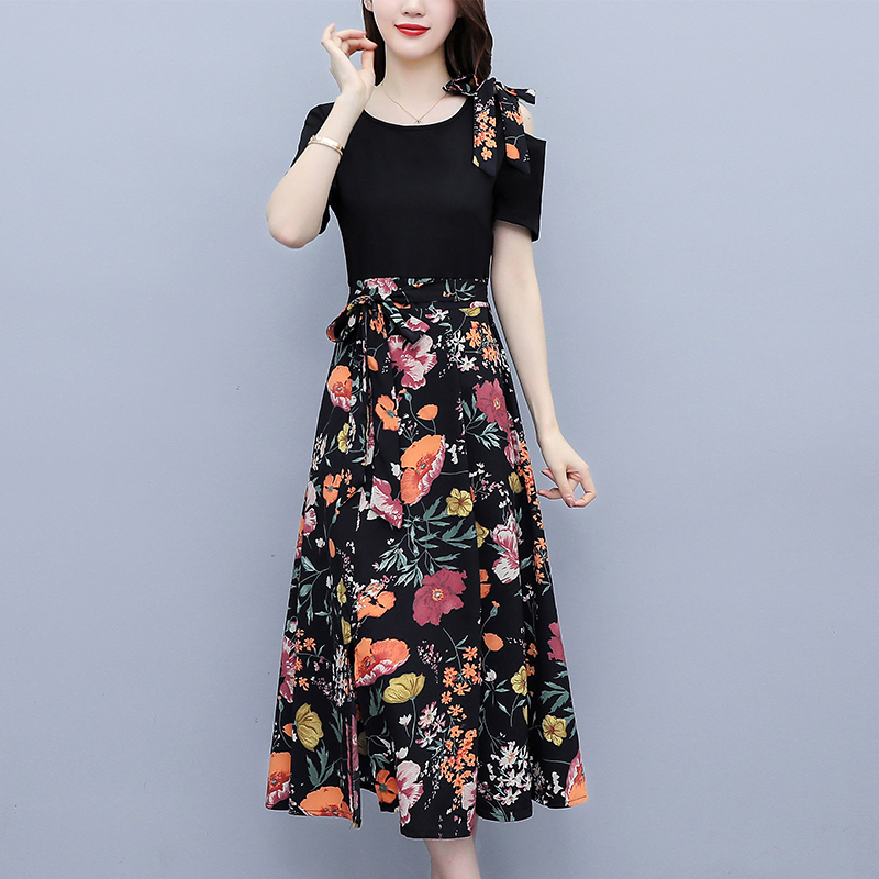 夏季新款洋气拼接裙子气质收腰显瘦遮肚假两件时尚短袖碎花连衣裙