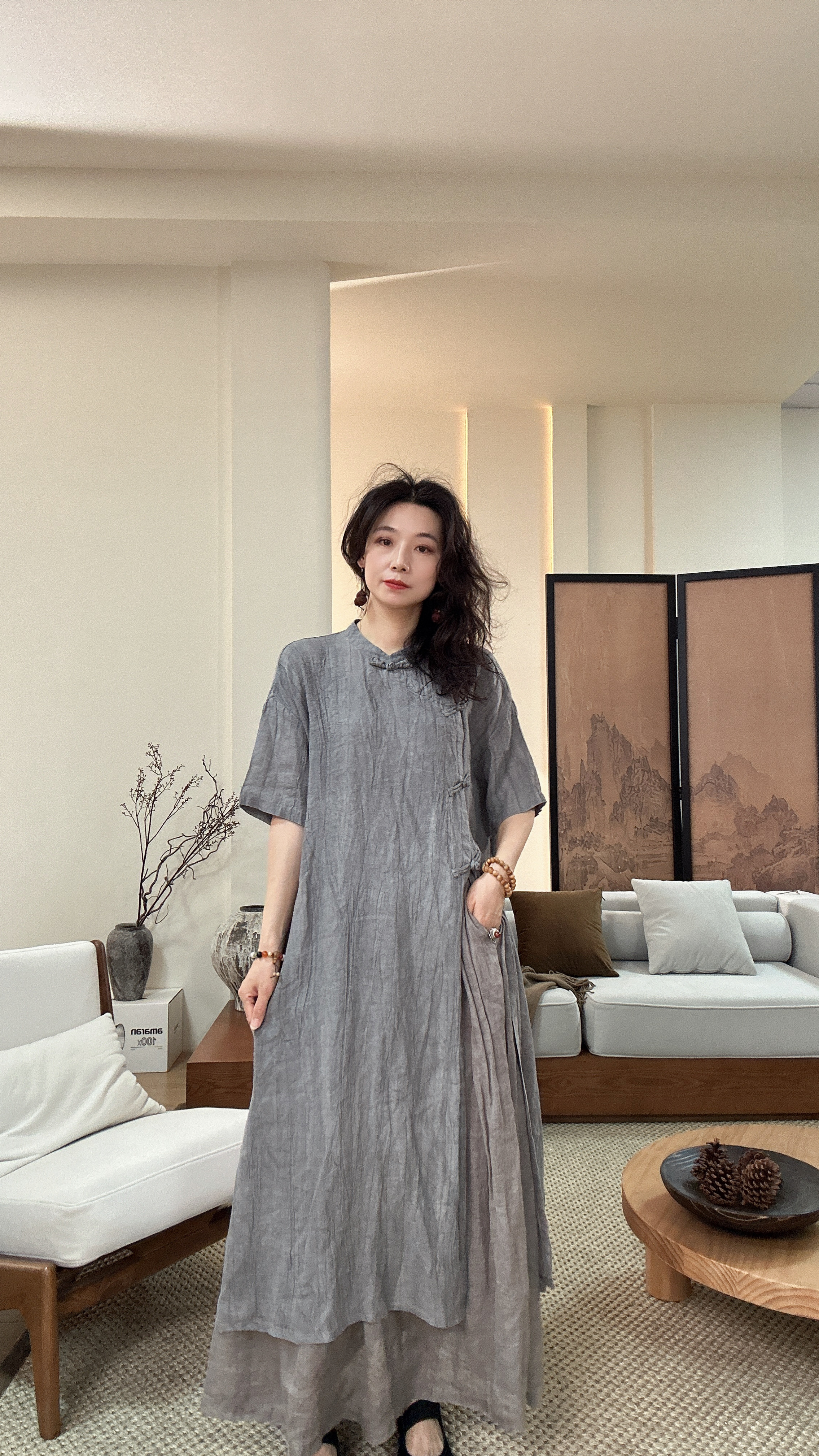 斜襟苎宽松文艺斜襟连衣裙显瘦气质复古新中式复古微皱设计师棉麻