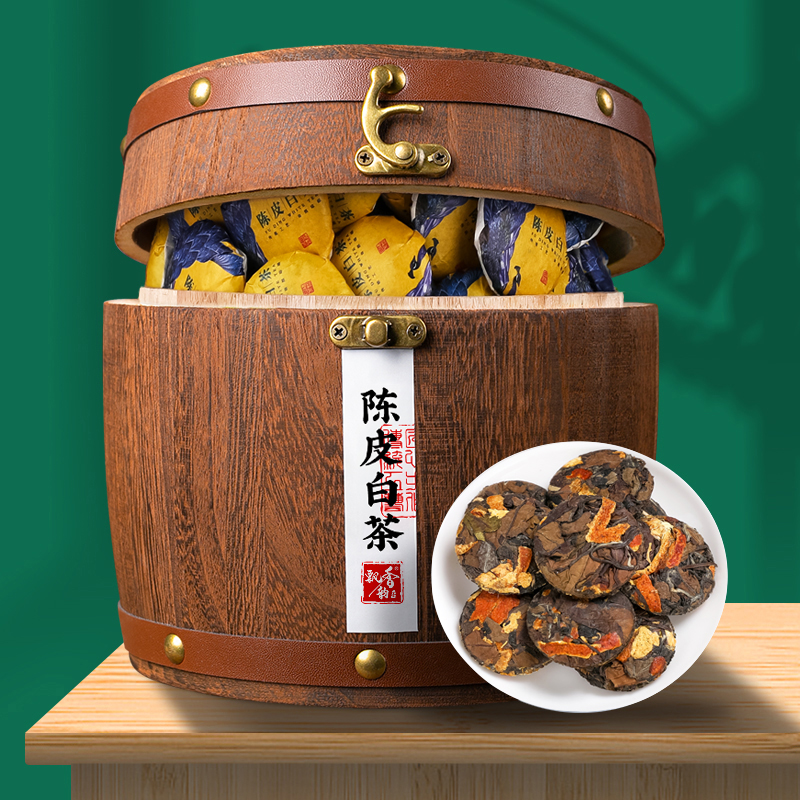 飘香韵陈皮白茶福鼎白茶饼老陈皮寿眉小茶饼干茶叶木桶礼盒装500g