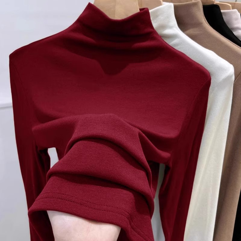 安可拉红纯棉半高领打底衫女春秋2025新款长袖T恤小香风内搭上衣