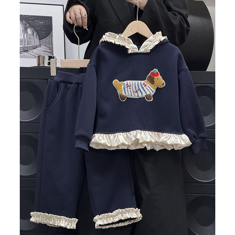 秋冬童装女童秋装洋气套装新款中小童花边长袖卫衣卫裤加绒款时尚