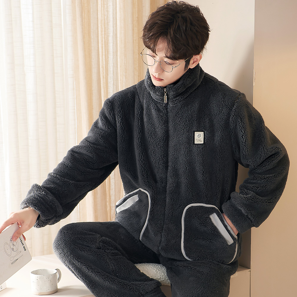 睡衣男秋冬加厚加绒法兰绒套装珊瑚绒家居服开衫拉链大码保暖冬装