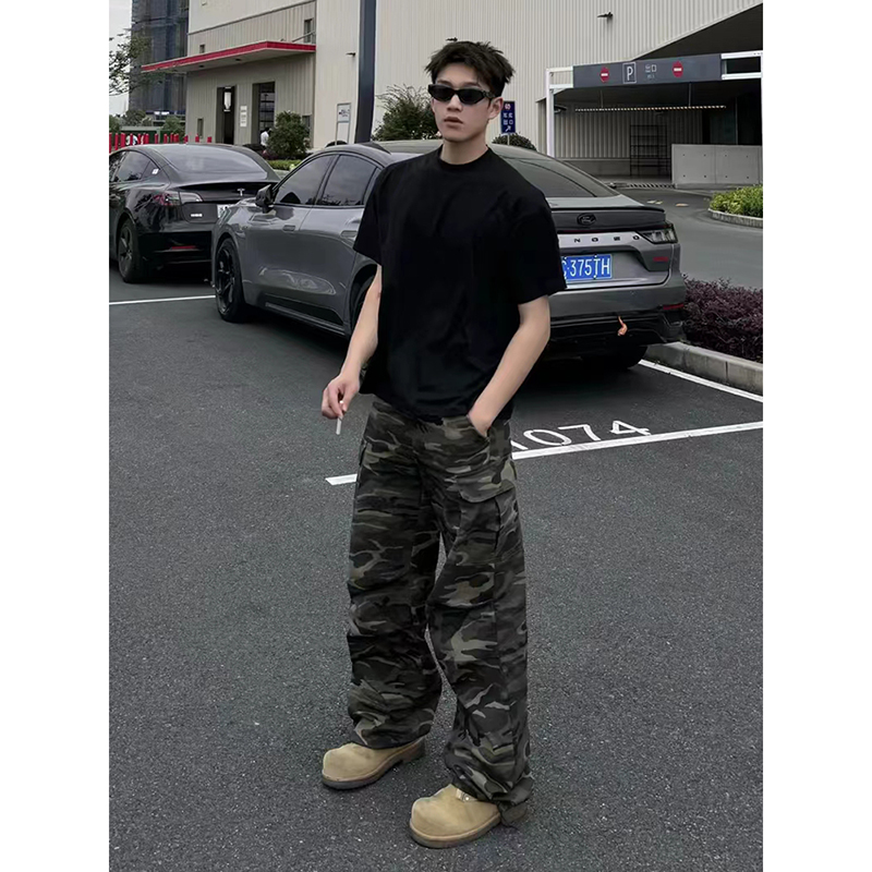 美式vintage迷彩裤男款秋季多口袋设计工装裤高街潮牌vibe直筒裤
