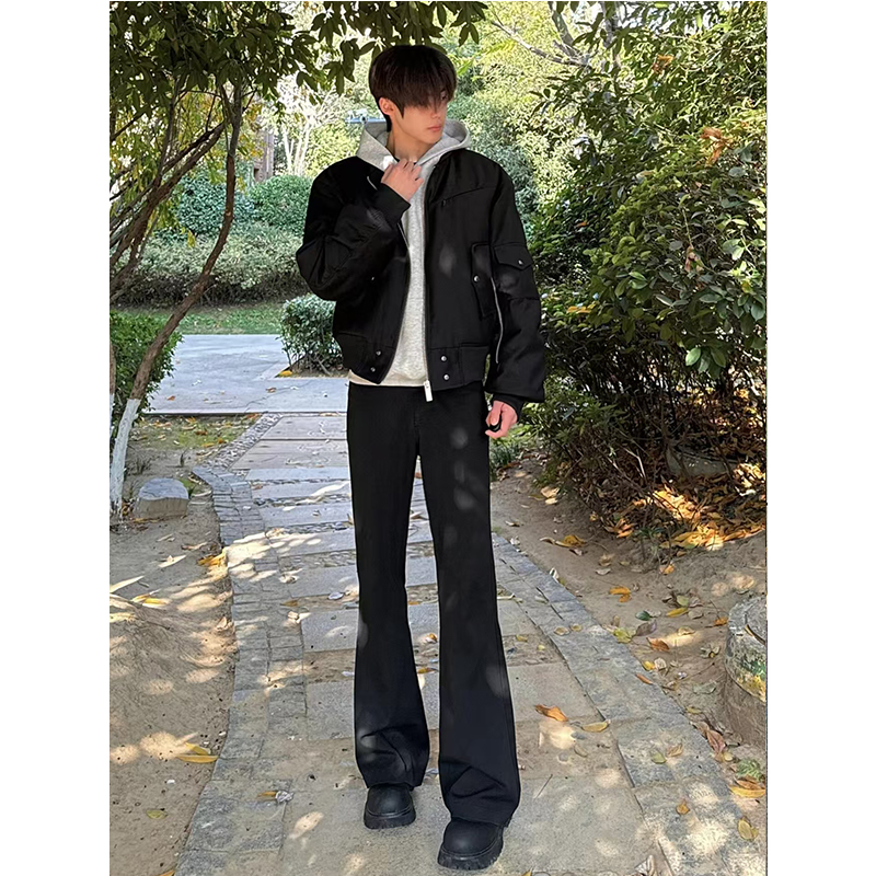 美式潮牌高级感休闲西裤男款夏季款cleanfit黑色加绒微喇弯刀裤子