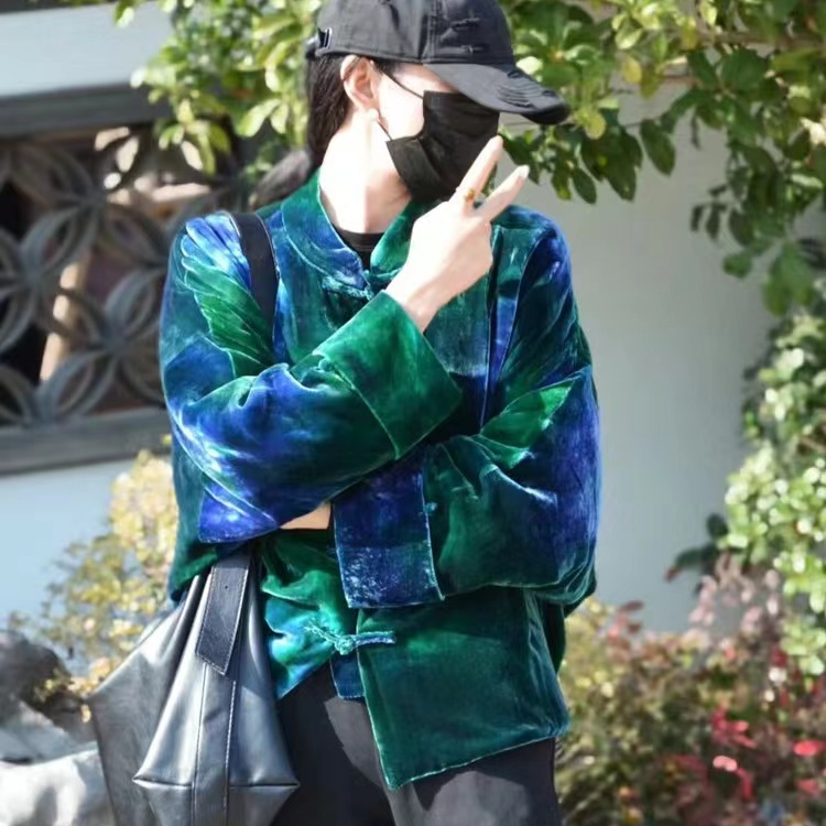 秋冬水墨渐变扎染真丝丝绒时尚外套洋气显白复古新中式立领外套