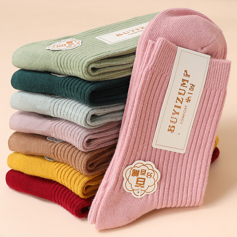 袜子女中筒秋冬纯色月子袜秋季吸汗纯色棉袜长袜长腰双针双路