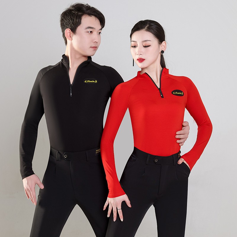 拉丁舞上衣男女同款长袖摩登舞交谊舞国标舞修身红色练功表演舞衣
